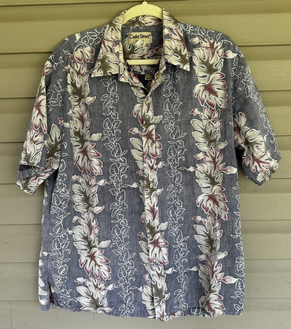 Cooke Street Vintage Blue Aloha Shirt X-Large Floral & Leaf Pattern